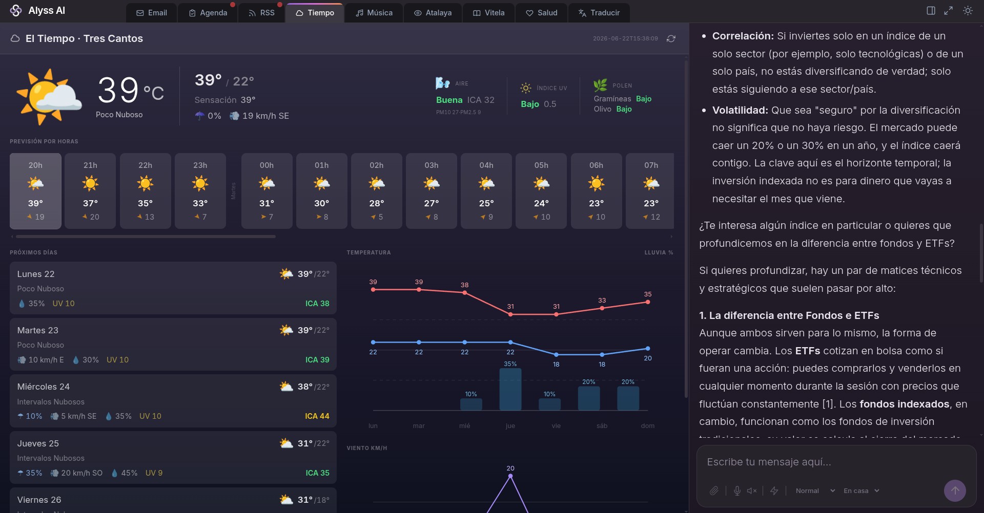 Captura de la SPA de Alyss: panel de El Tiempo junto al chat conversacional