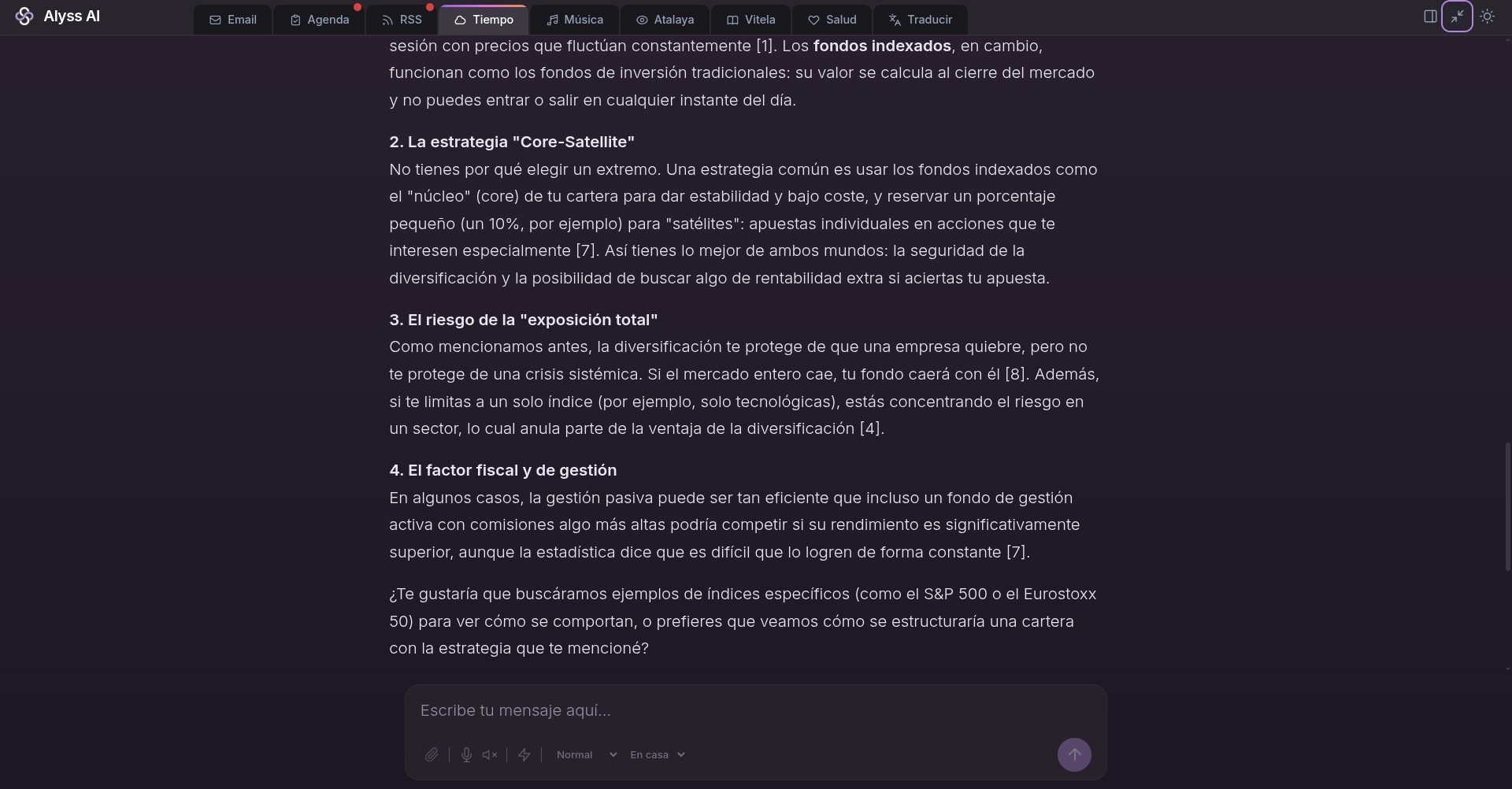 Captura de la SPA de Alyss: el chat conversacional a pantalla completa con streaming