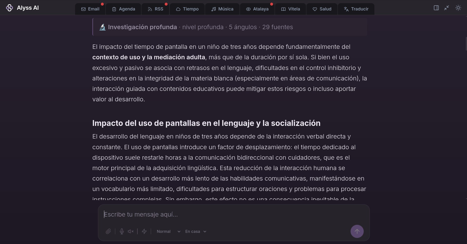La respuesta final de Alyss en investigación profunda: cabecera con «5 ángulos · 29 fuentes» y el texto sintetizado por secciones