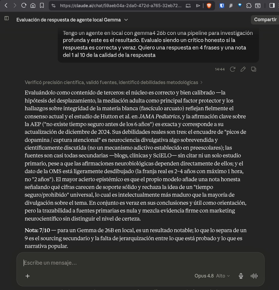 Claude Opus 4.8 auditando la respuesta del agente local como crítico honesto: le da un 7/10 y detalla aciertos y debilidades